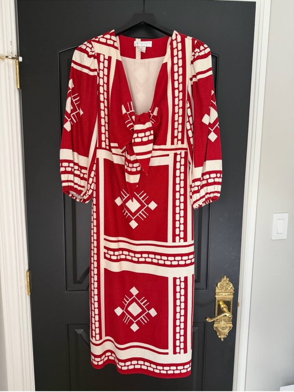 Caroline Constas Red and Cream Tie-Front Maxi Dress
